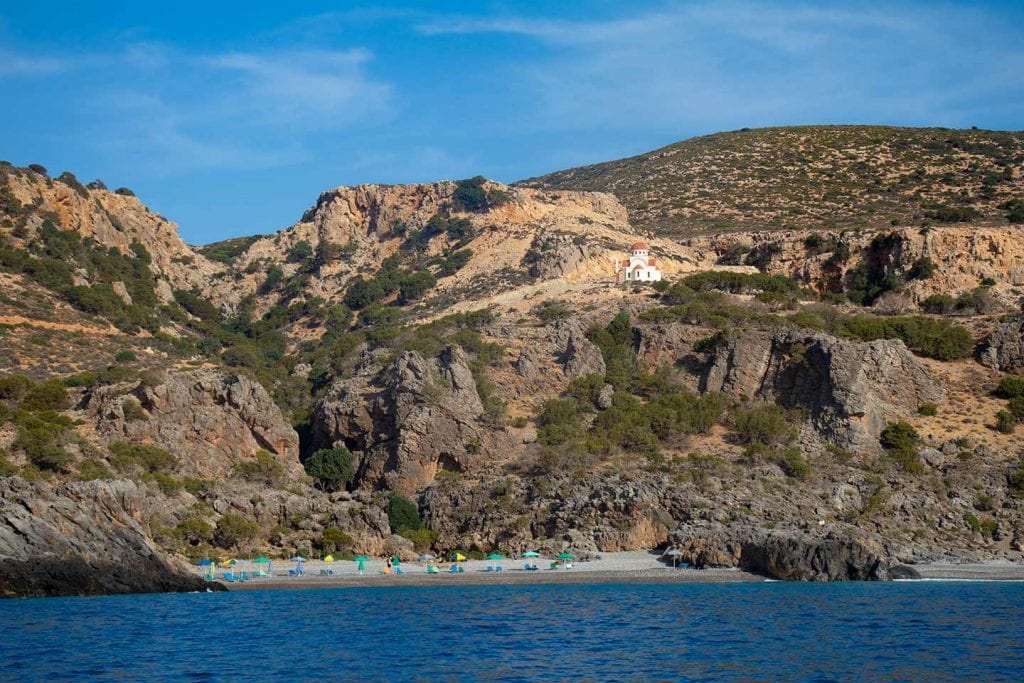 Image of Krios beach Paleochora Crete with the church above