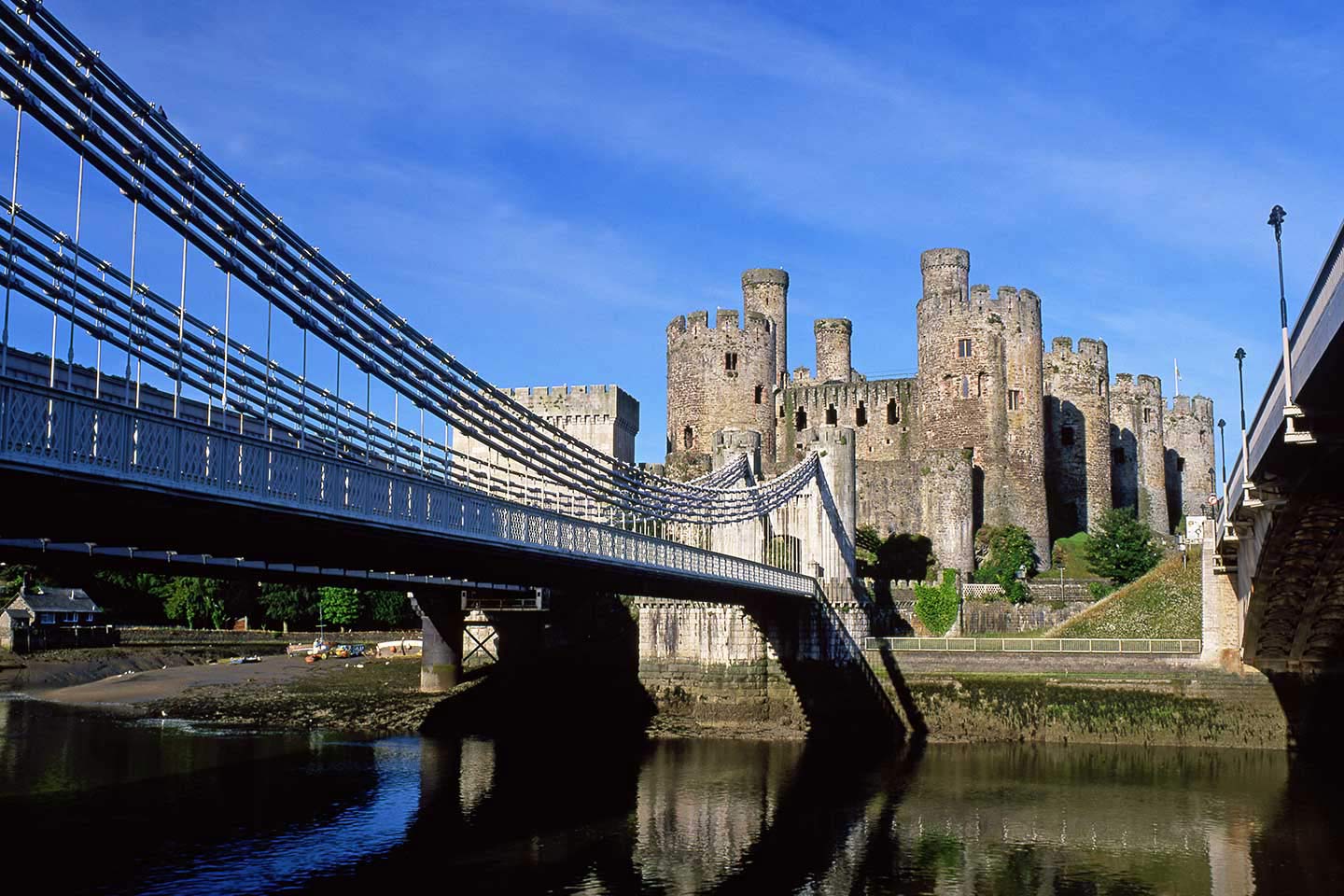 Image of the Conwy Suspension Bridge and Castle Wales UK