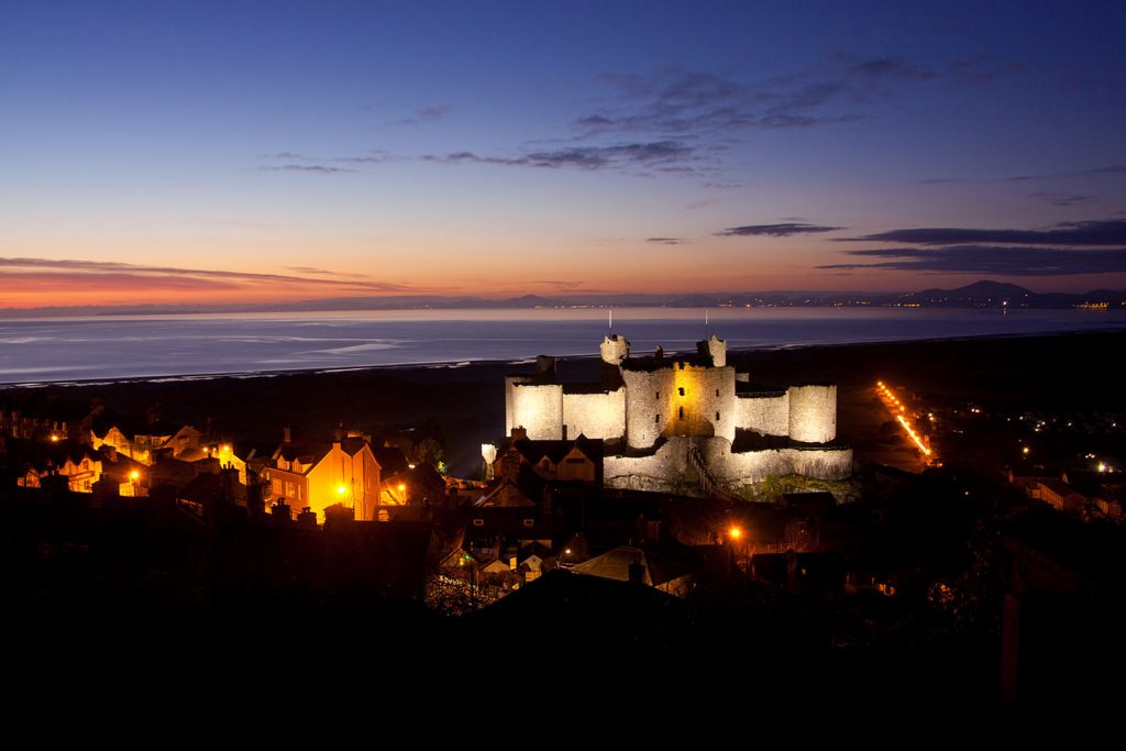 Image of Harlech Castle at dusk from the Rehoboth Chapel viewpoint North Wales UK