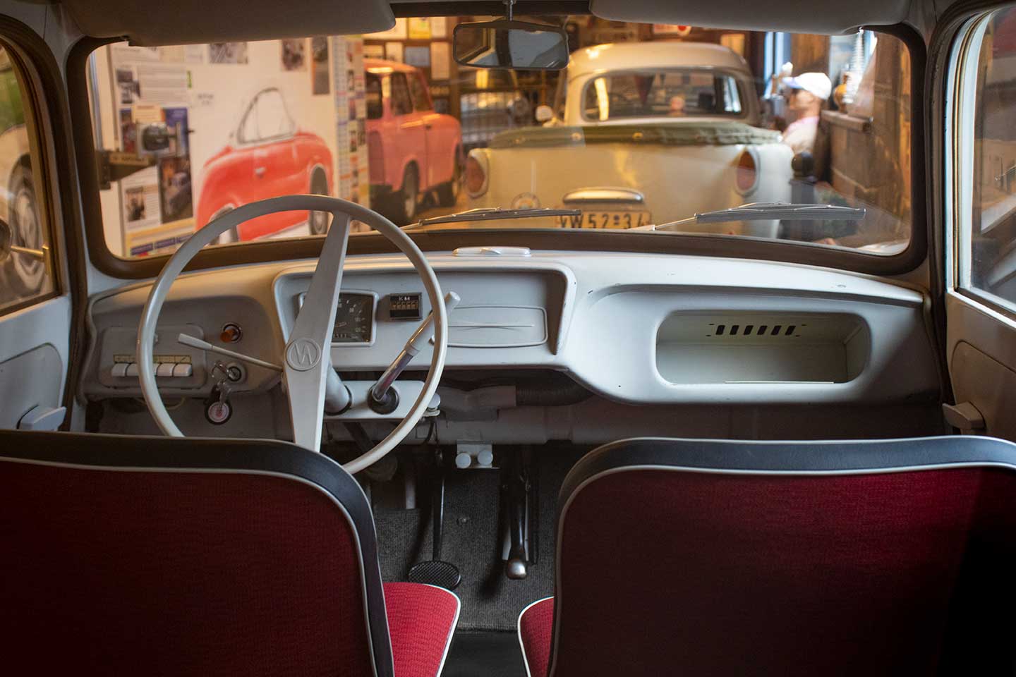 Image of the interior of a Trabantcar at the Trabant Museum Prague
