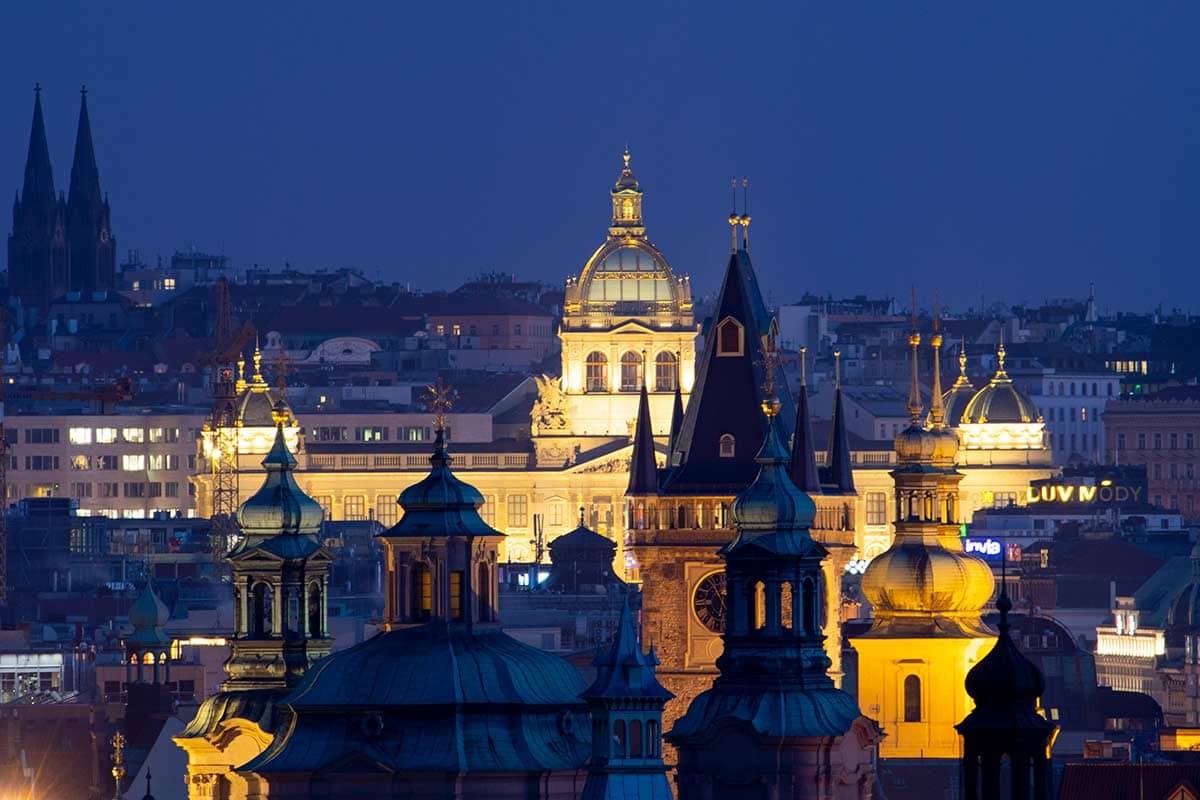 image of prague skyline at dusk from lent park prague czechia