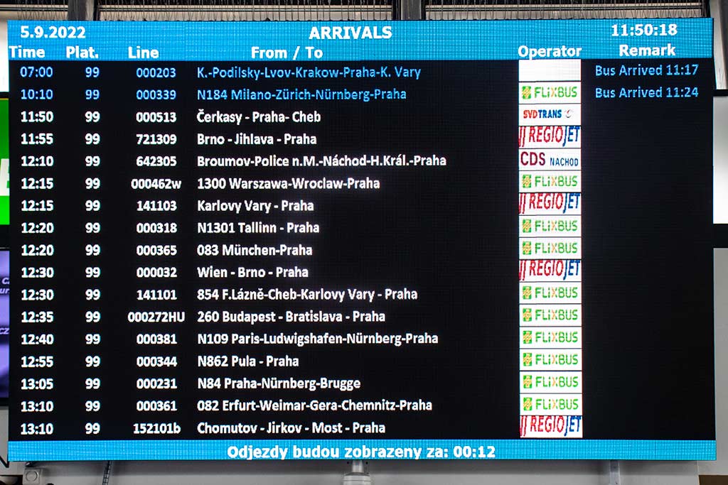 Image of an arrivals board at Florenc bus station in Prague