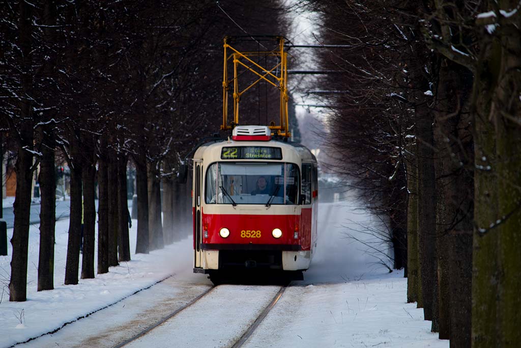 image of 22 tram in snow near prague castle czech republic