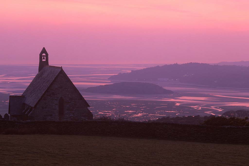 Image of Llandecwyn church at sunset North Wales UK