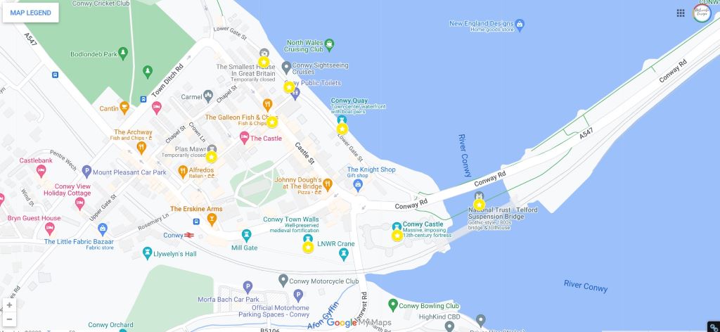 image of a google map showing all the location of the best things to do in Conwy, Wales.