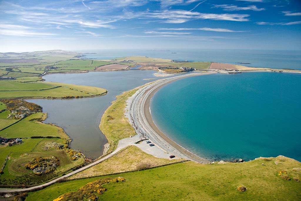 image of cemlyn bay from the air anglesey north Wales uk