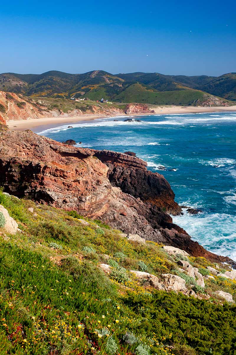 image of praia do amado beach portugal from rota vicentina coast path