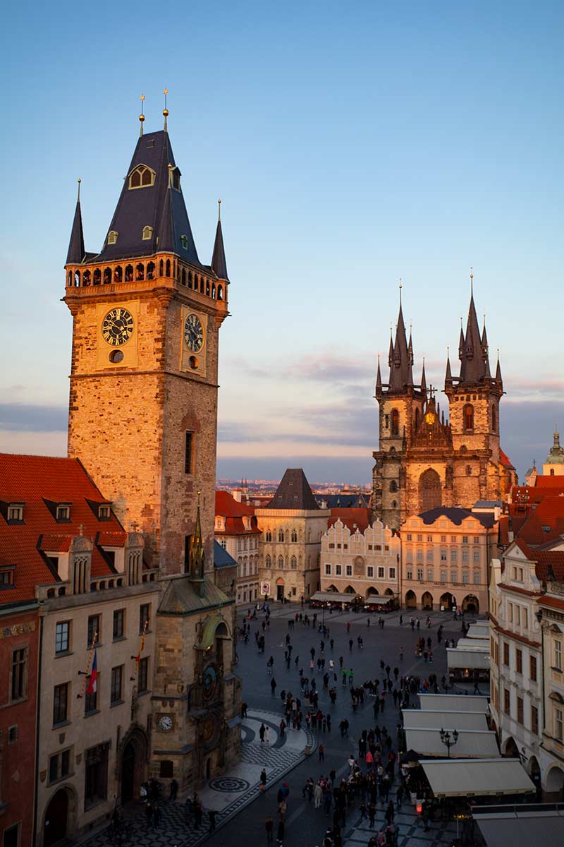 image of old town hall and tyn church from hotel u prince terrace at sunset Old Town Square Prague czech republic