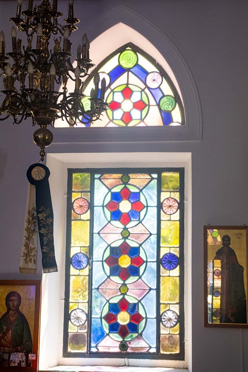image of stained glass window in agios titos church heraklion crete greece