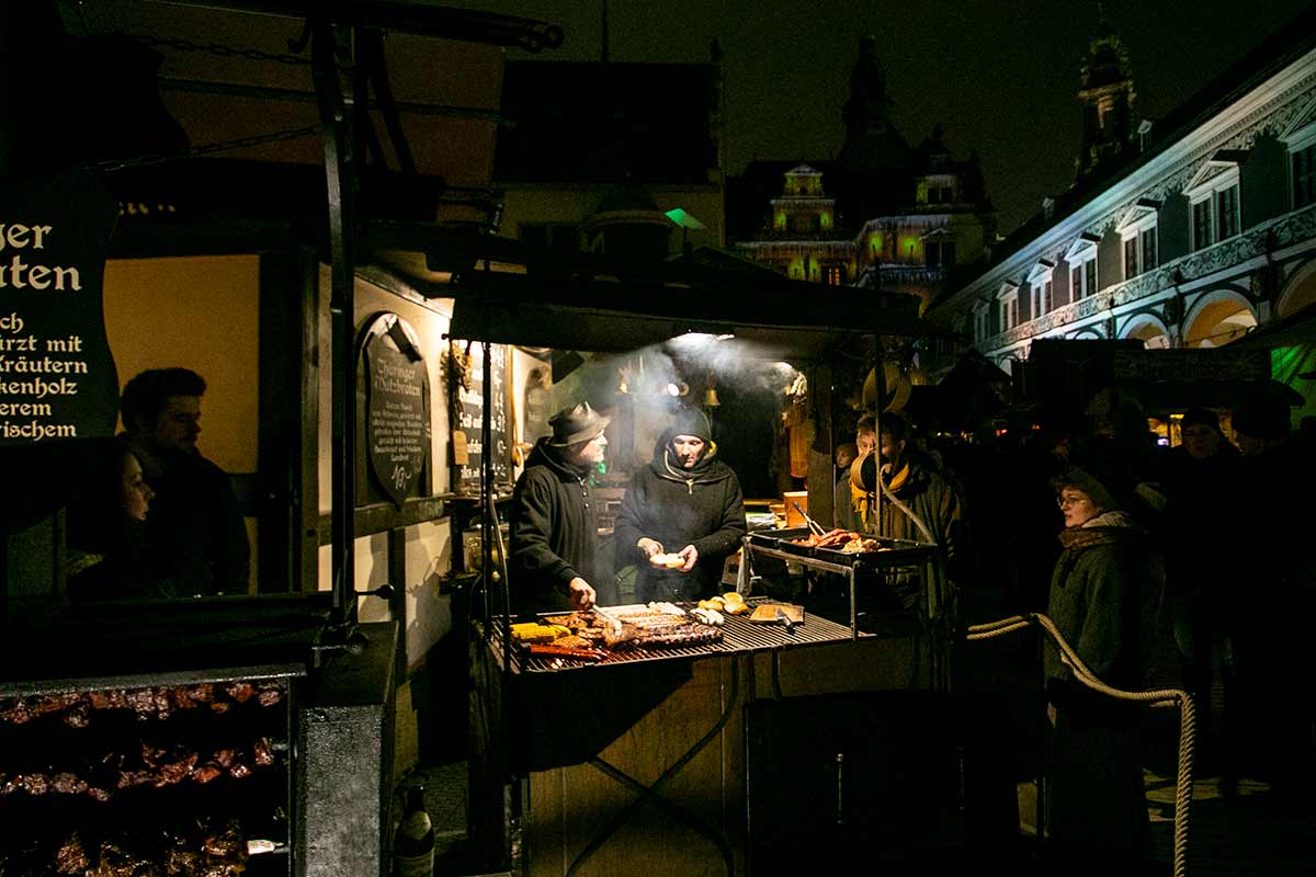 image of bratwurst stall at dresden medieval christmas market germany