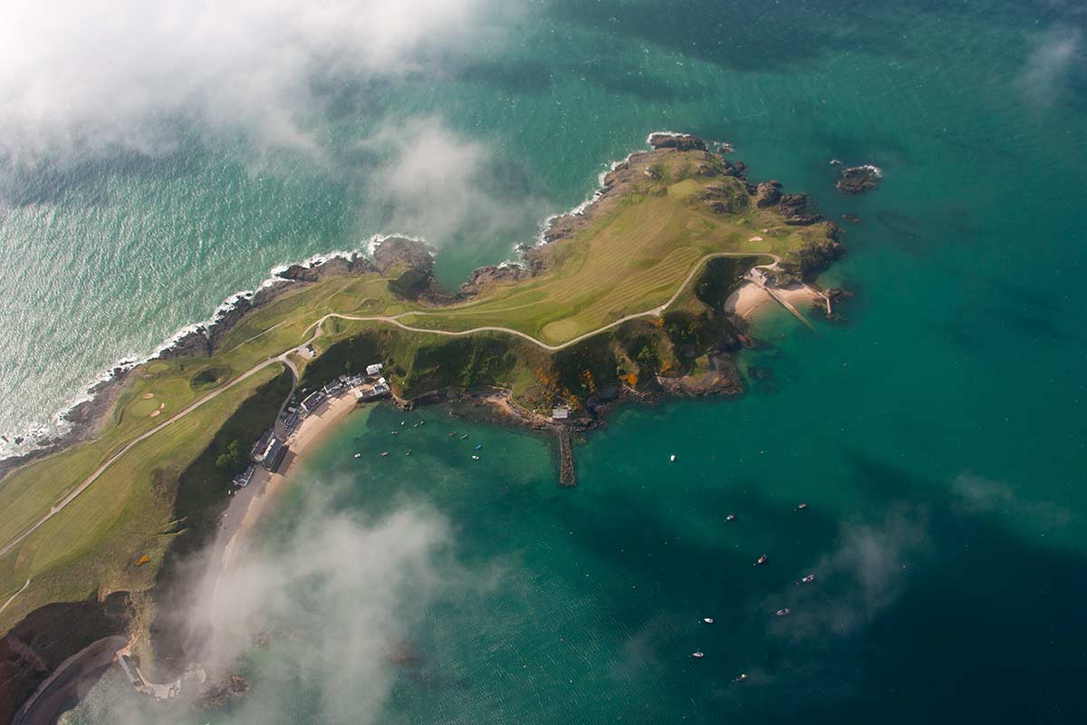 image of Porthdinllaen village and peninsula from the air gwynedd north Wales uk
