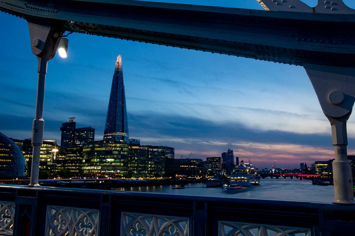 image of the shard from Tower Bridge London England UK
