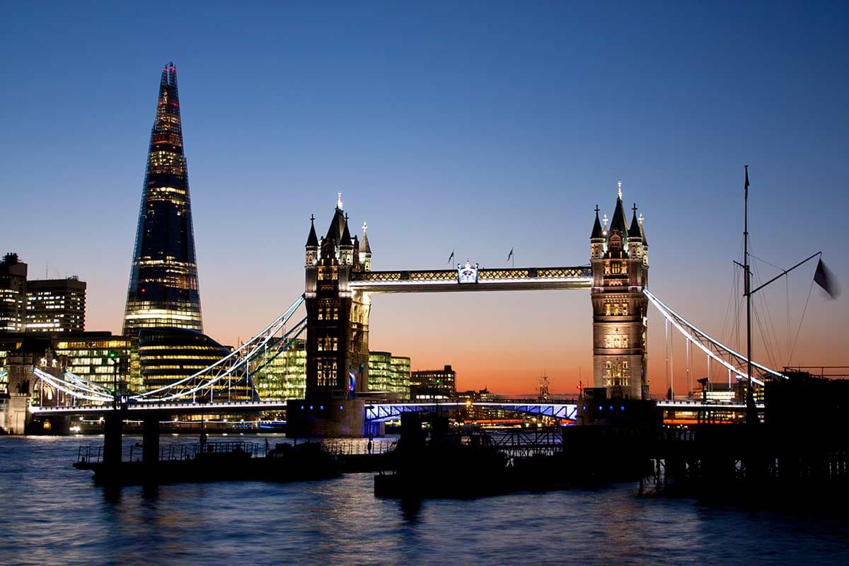 image of Tower Bridge and the shard at dusk London England uk
