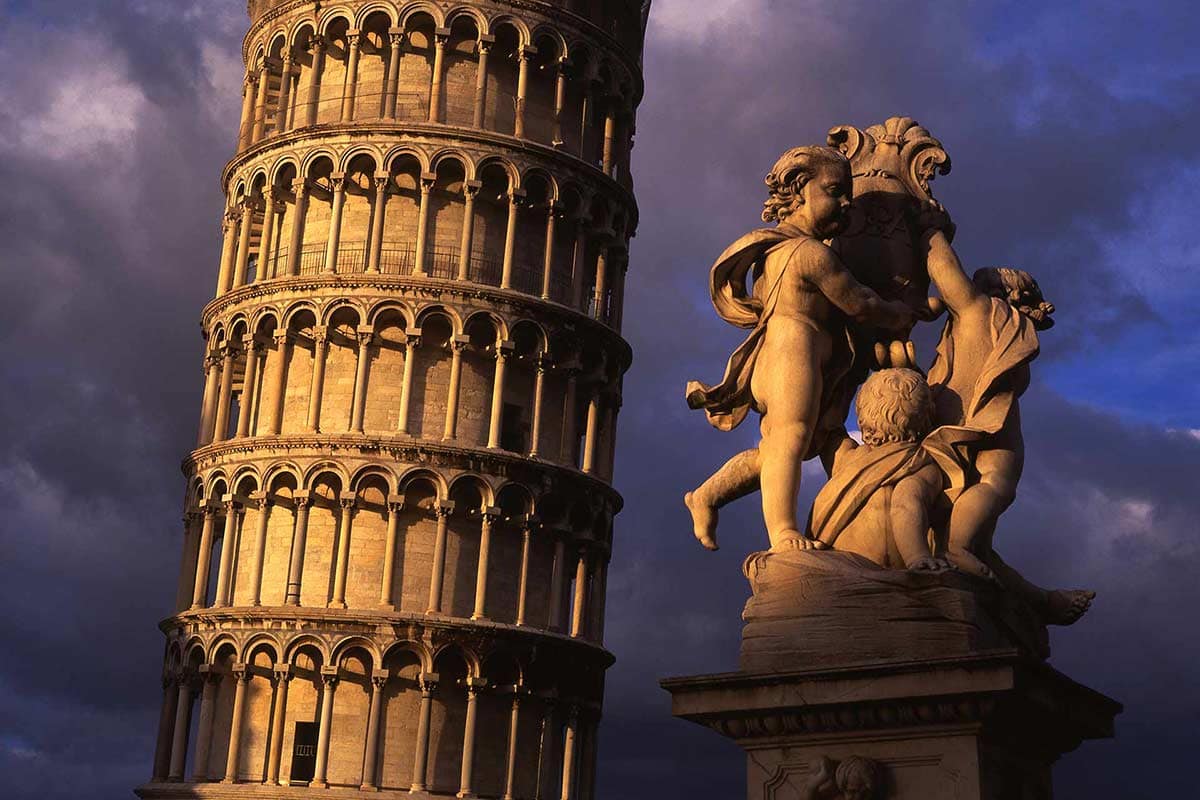 image of leaning tower of Pisa at sunset Tuscany Italy