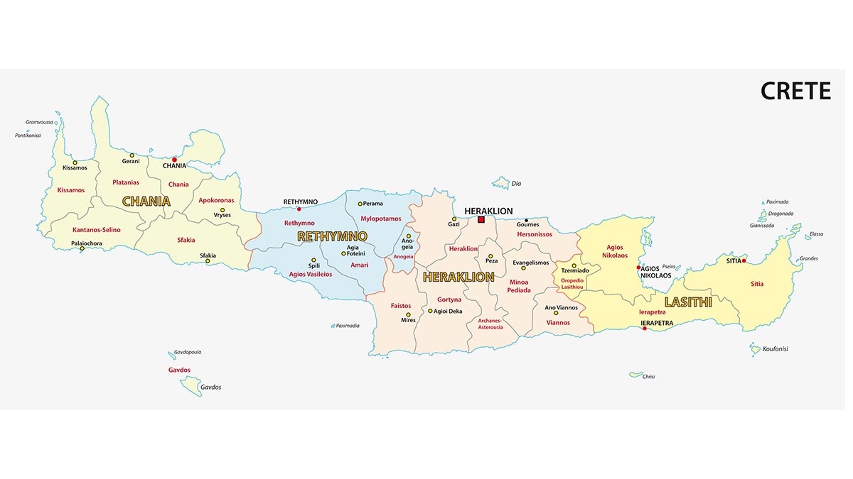image of map of the four regions of crete island greece