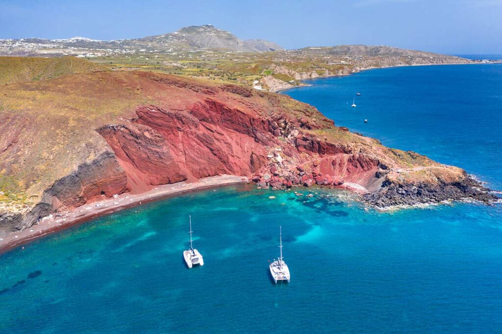 image of aerial view of red beach santorini greece