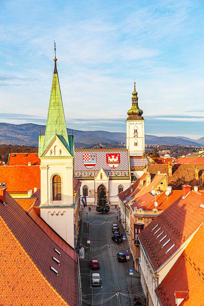 image of greek catholic cathedral and st mark's church from lotrscak tower zagreb croatia