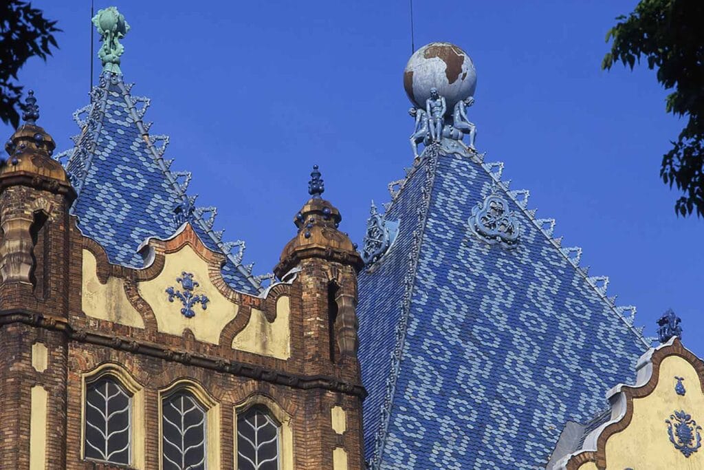 in search of odon lechner image of tiled roof of Hungarian geological institute Budapest Hungary