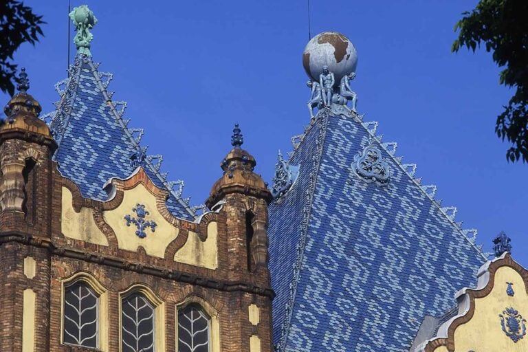 in search of odon lechner image of tiled roof of Hungarian geological institute Budapest Hungary