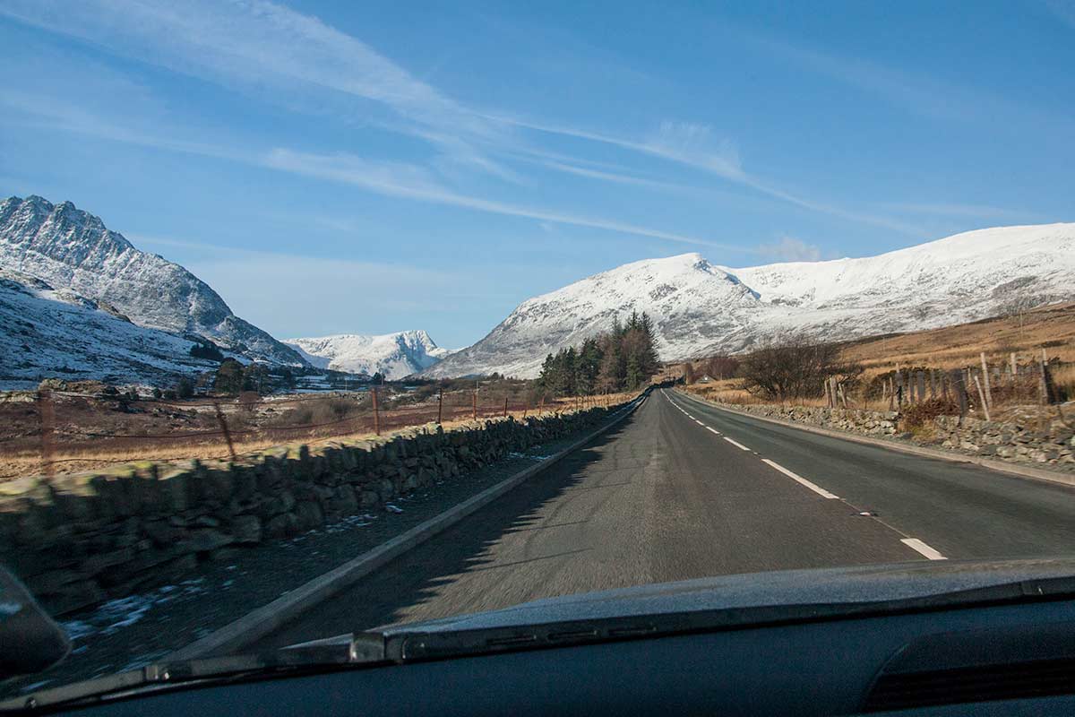 image of a5 road through ogwen valley snowdonia north Wales uk