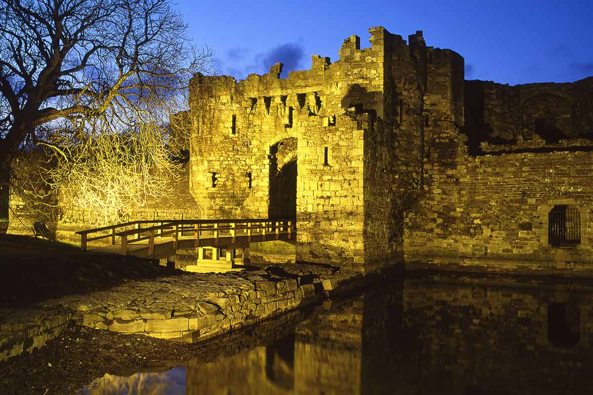 image of Beaumaris Castle gatehouse at dusk anglesey north Wales uk