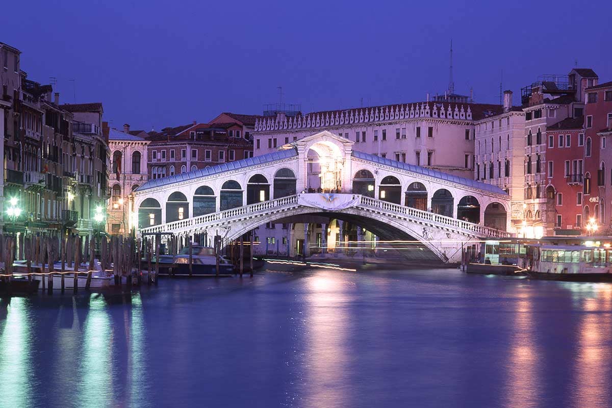 image of Rialto bridge at dusk venice Veneto italy