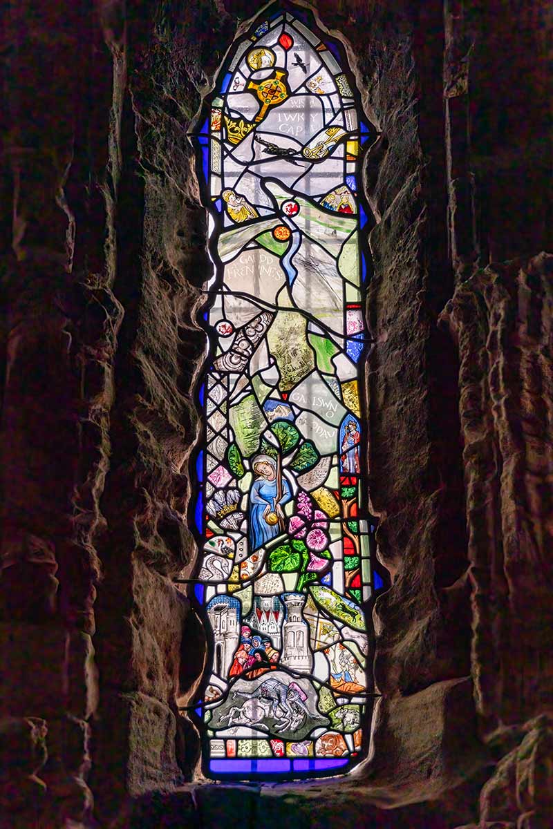 image of modern stained-glass window in pennon priory anglesey north Wales uk
