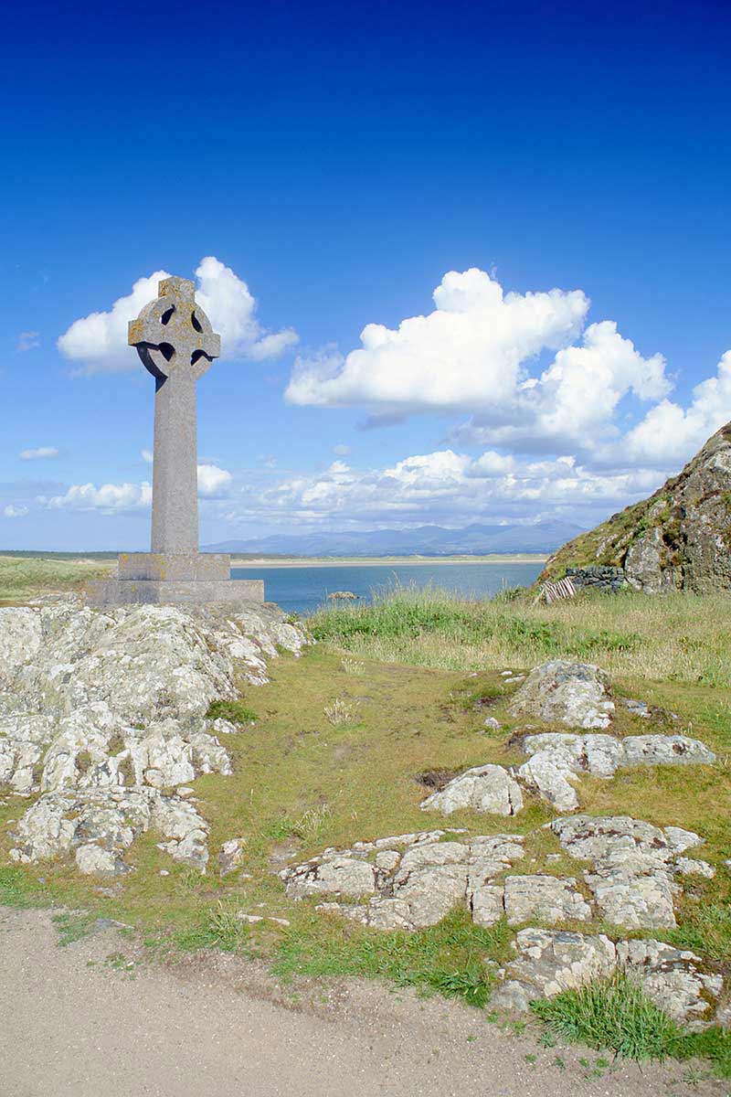 image of Celtic cross on Llanddwyn Island anglesey north Wales uk