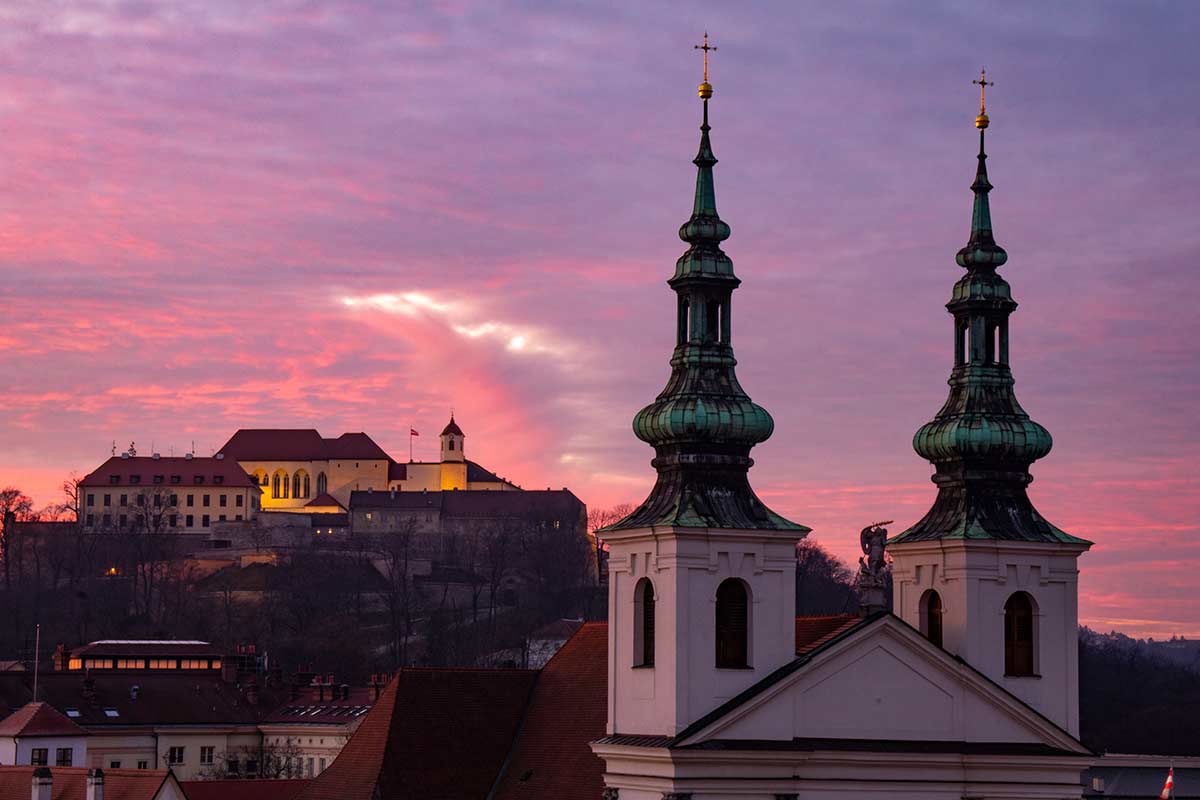 image of Dominican church and spilberk castle at sunset in winter Brno Moravia czech republic