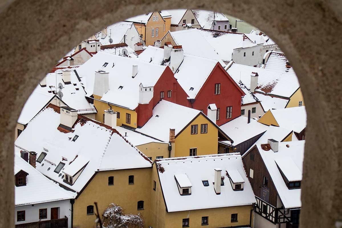 image of rooftops of old town in cesky krumlov in winter czech republic