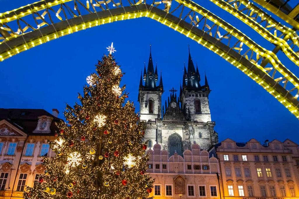 image of old town square Christmas market Prague czech republic