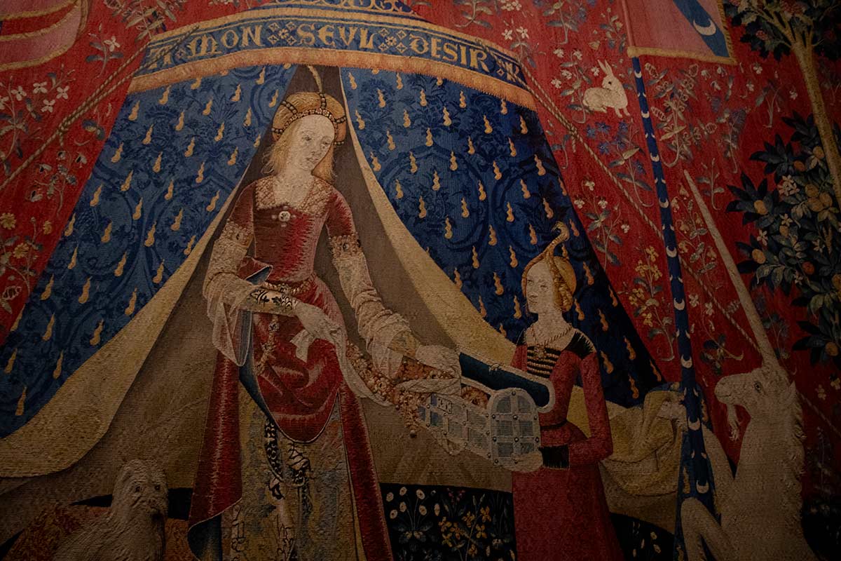 image of the final lady and the unicorn tapestry in Cluny museum Paris france