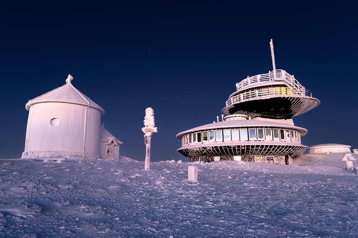 image of snezka summit complex in snow krkonose mountains czech republic