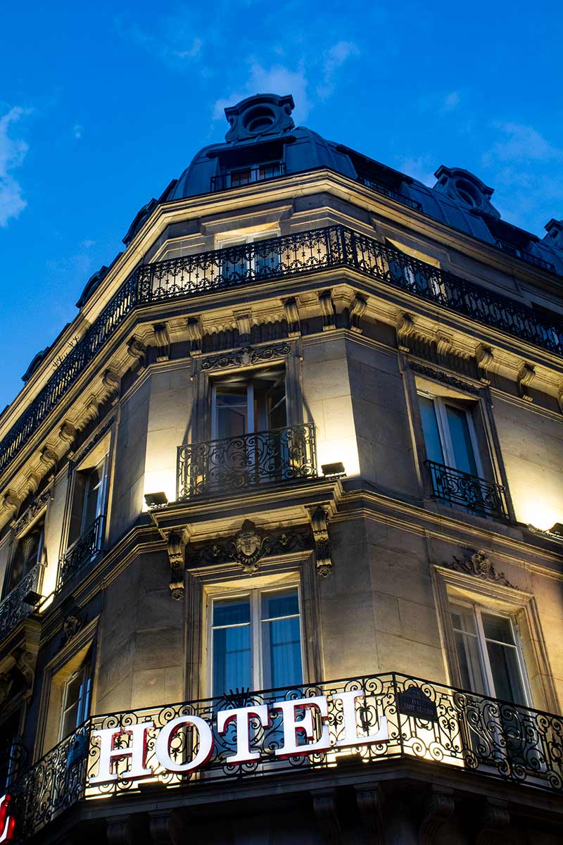 image of a hotel in the latin quarter Paris at night Paris france