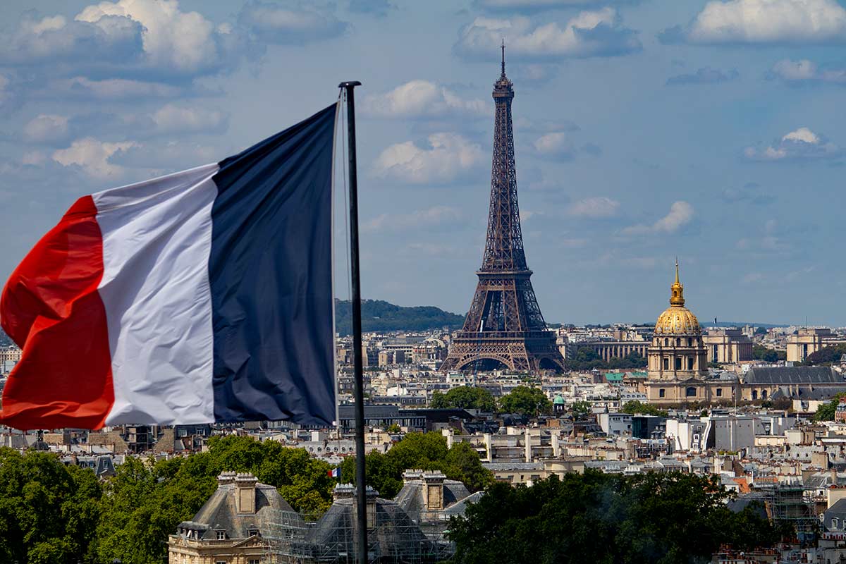 image of French flag and Eiffel Tower from pantheon dome Paris france