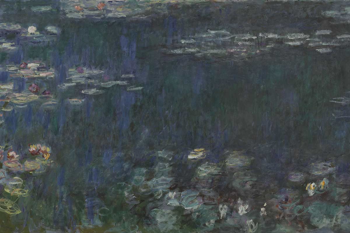 image of detail of Monet's water lilies in Musee de l'orangerie Paris france